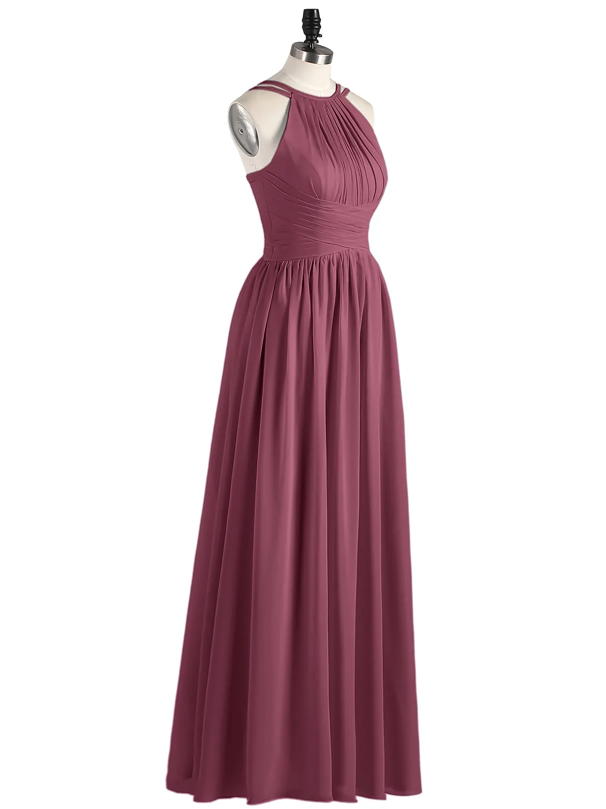 Double Strap Halter Long Chiffon Gowns-Mulberry