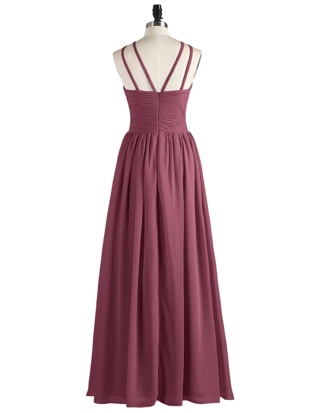 Double Strap Halter Long Chiffon Gowns-Mulberry