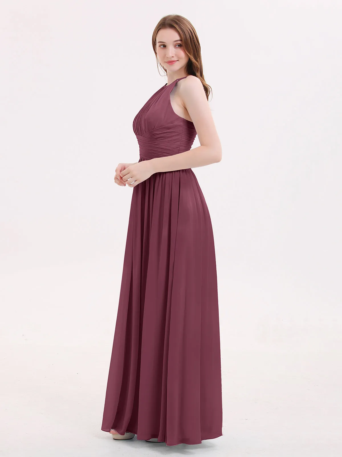 Double Strap Halter Long Chiffon Gowns-Mulberry