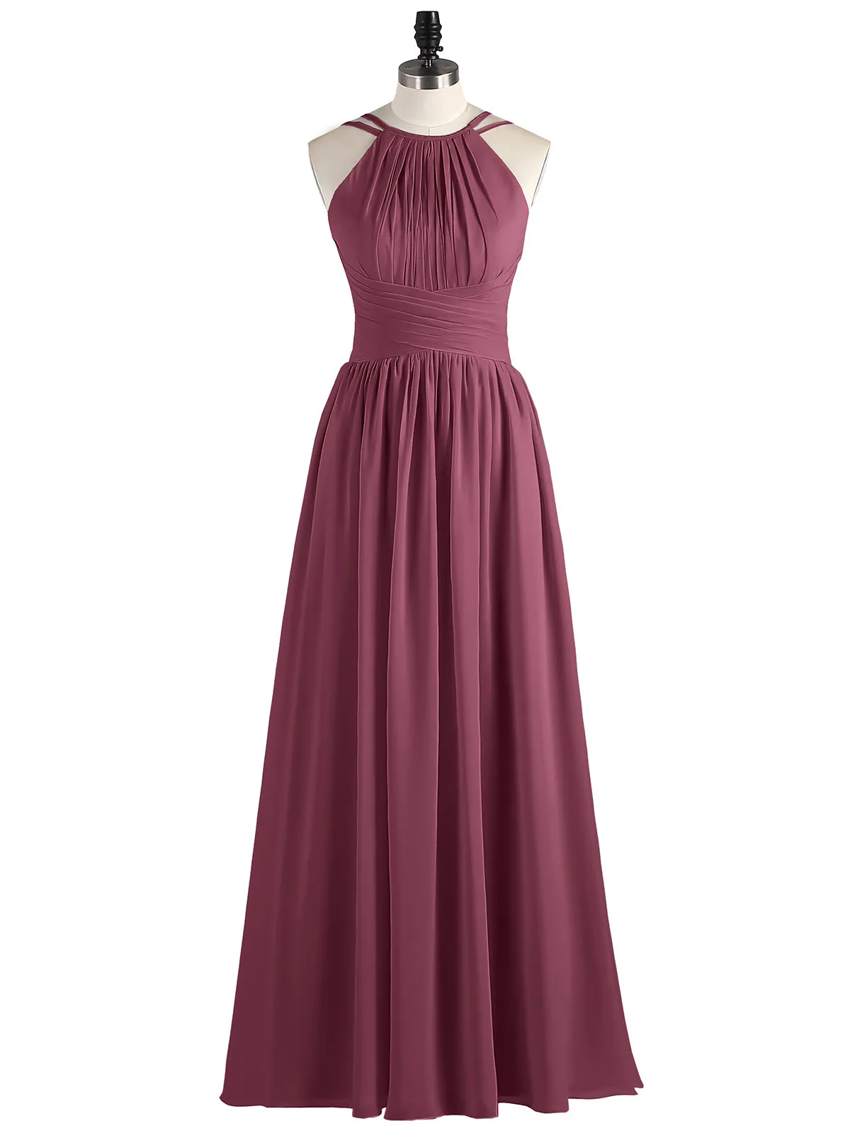 Double Strap Halter Long Chiffon Gowns-Mulberry