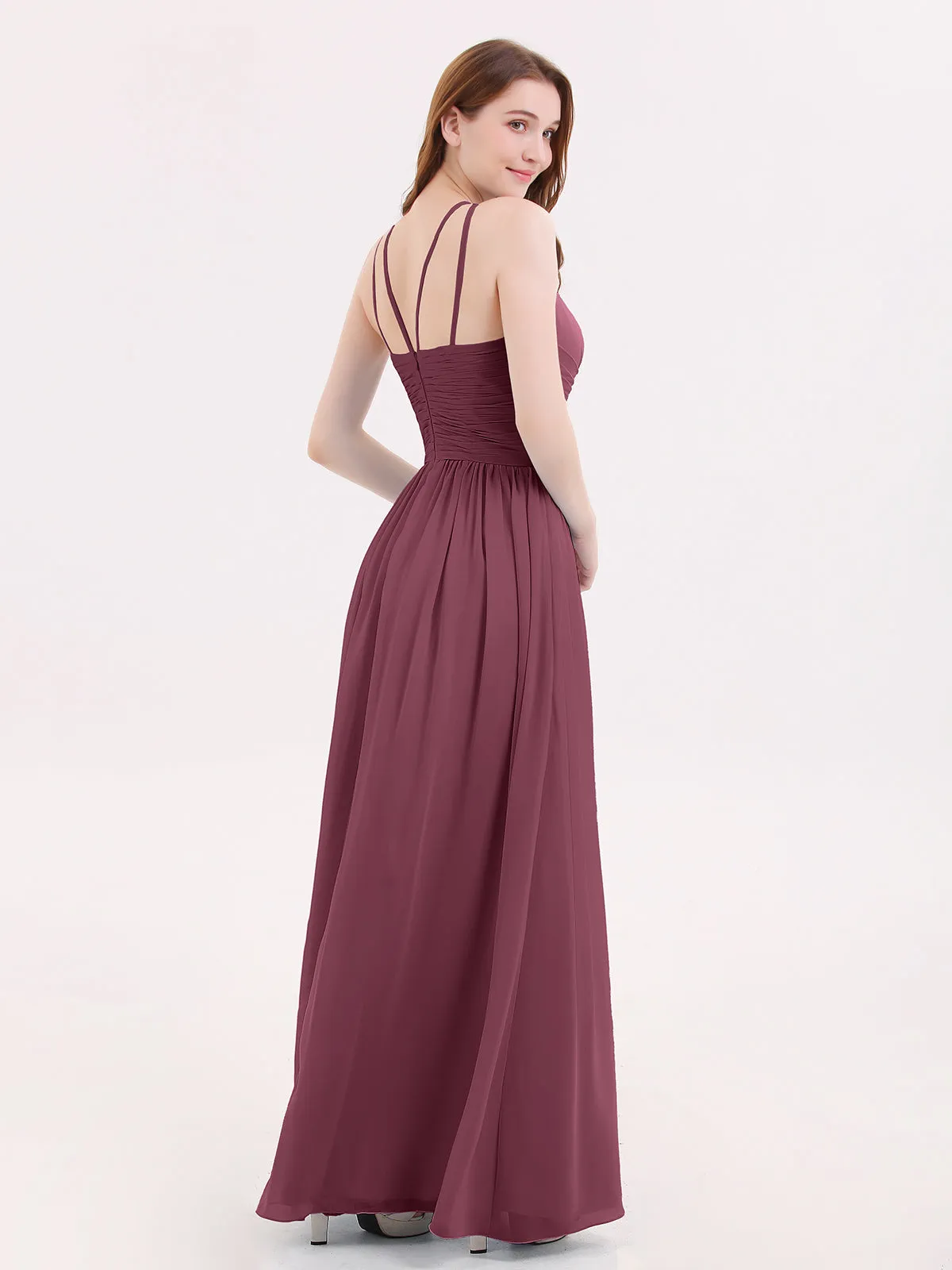 Double Strap Halter Long Chiffon Gowns-Mulberry