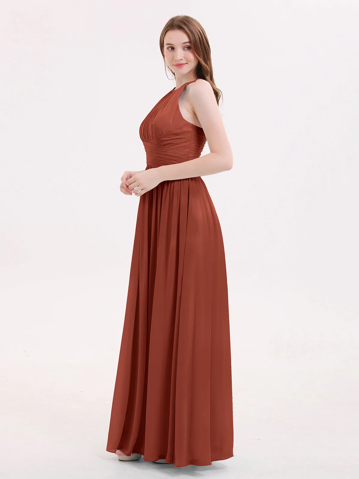 Double Strap Halter Long Chiffon Gowns-Rust