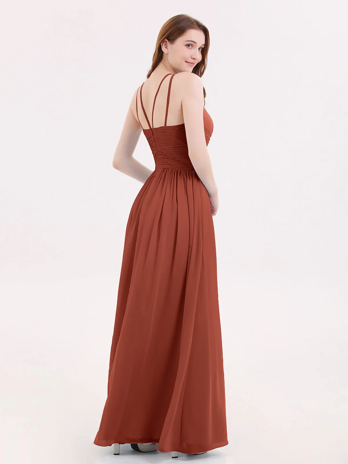 Double Strap Halter Long Chiffon Gowns-Rust