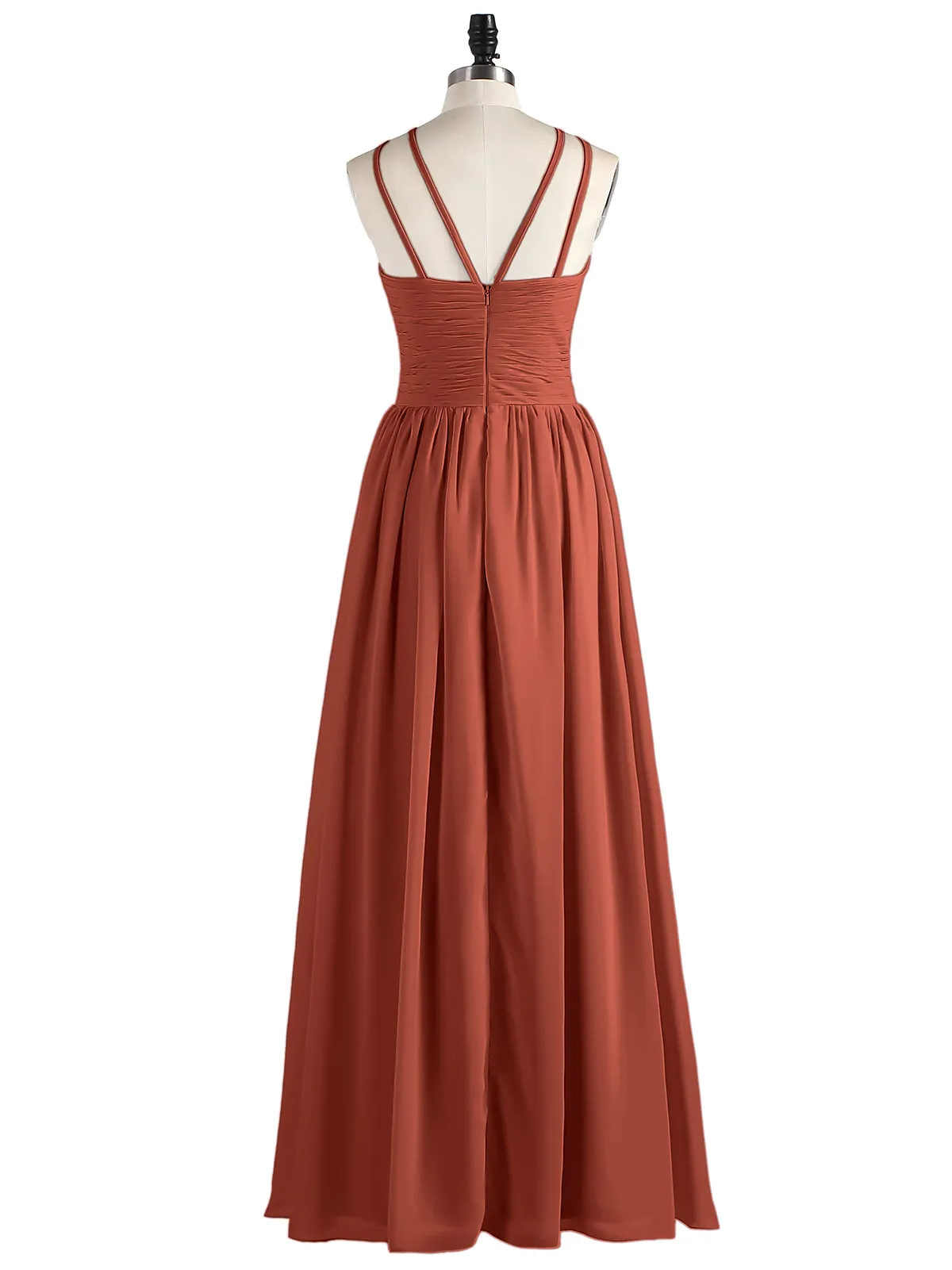 Double Strap Halter Long Chiffon Gowns-Rust