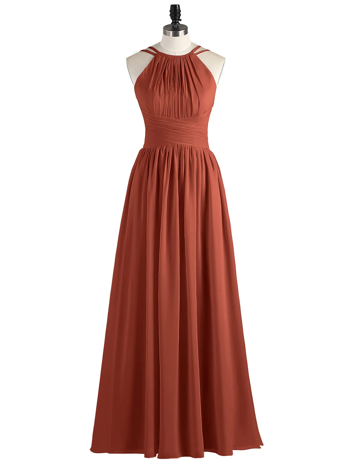 Double Strap Halter Long Chiffon Gowns-Rust