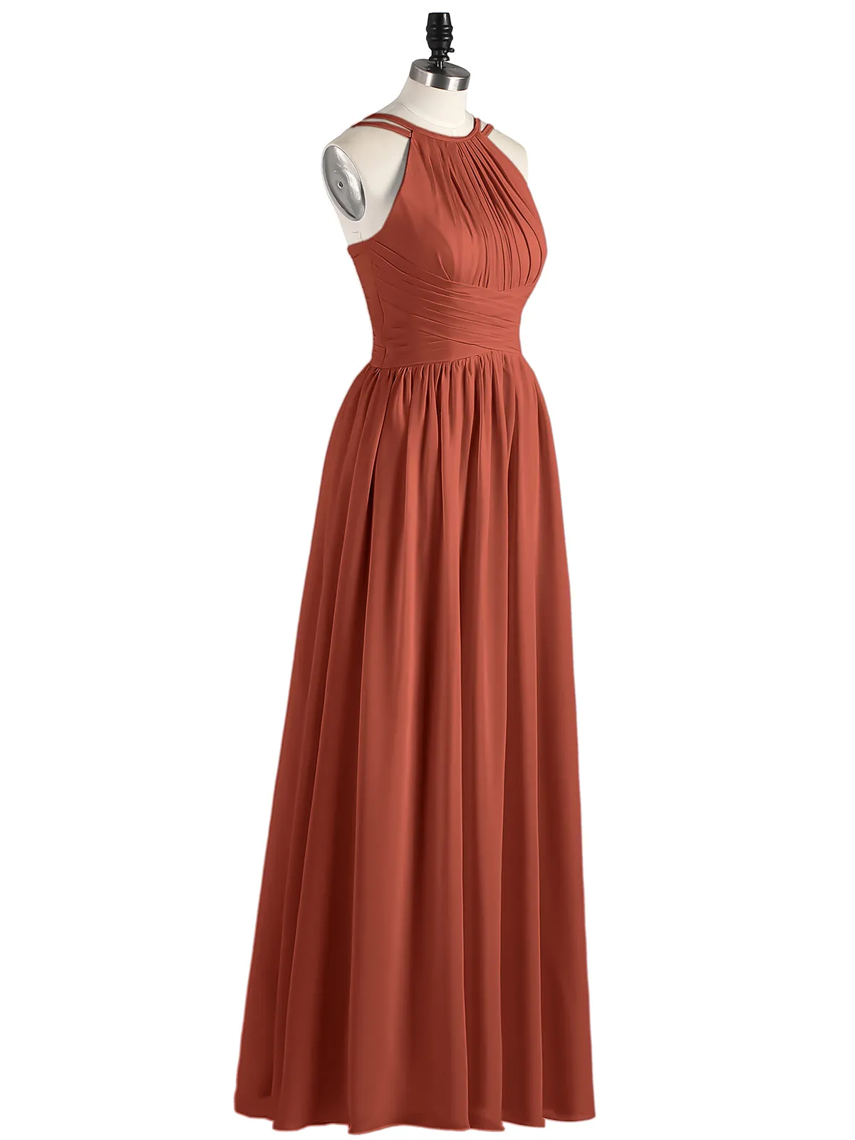 Double Strap Halter Long Chiffon Gowns-Rust