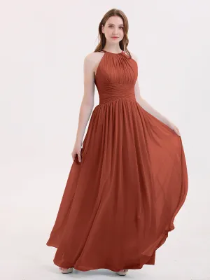 Double Strap Halter Long Chiffon Gowns-Rust