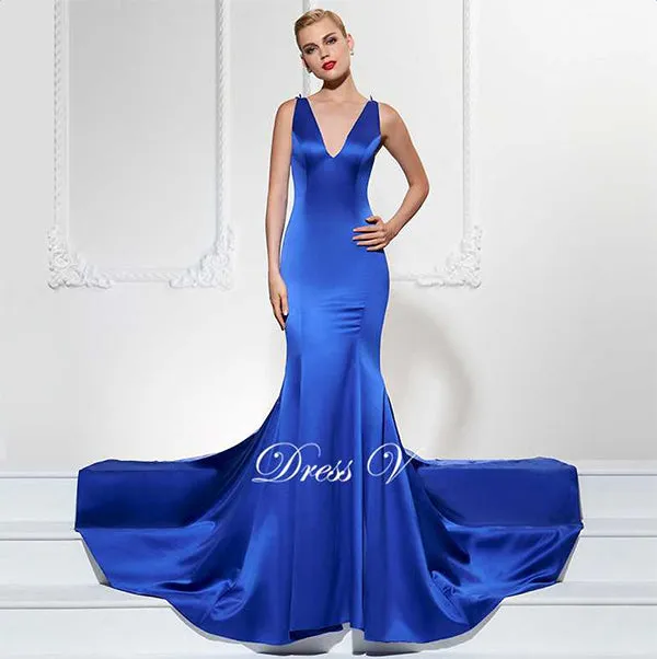 Dress-V Long Evening Dress Sexy V Neck Mermaid Sweep Train Luxurious Formal Party Dress Trumpet Lace Evening Dresses