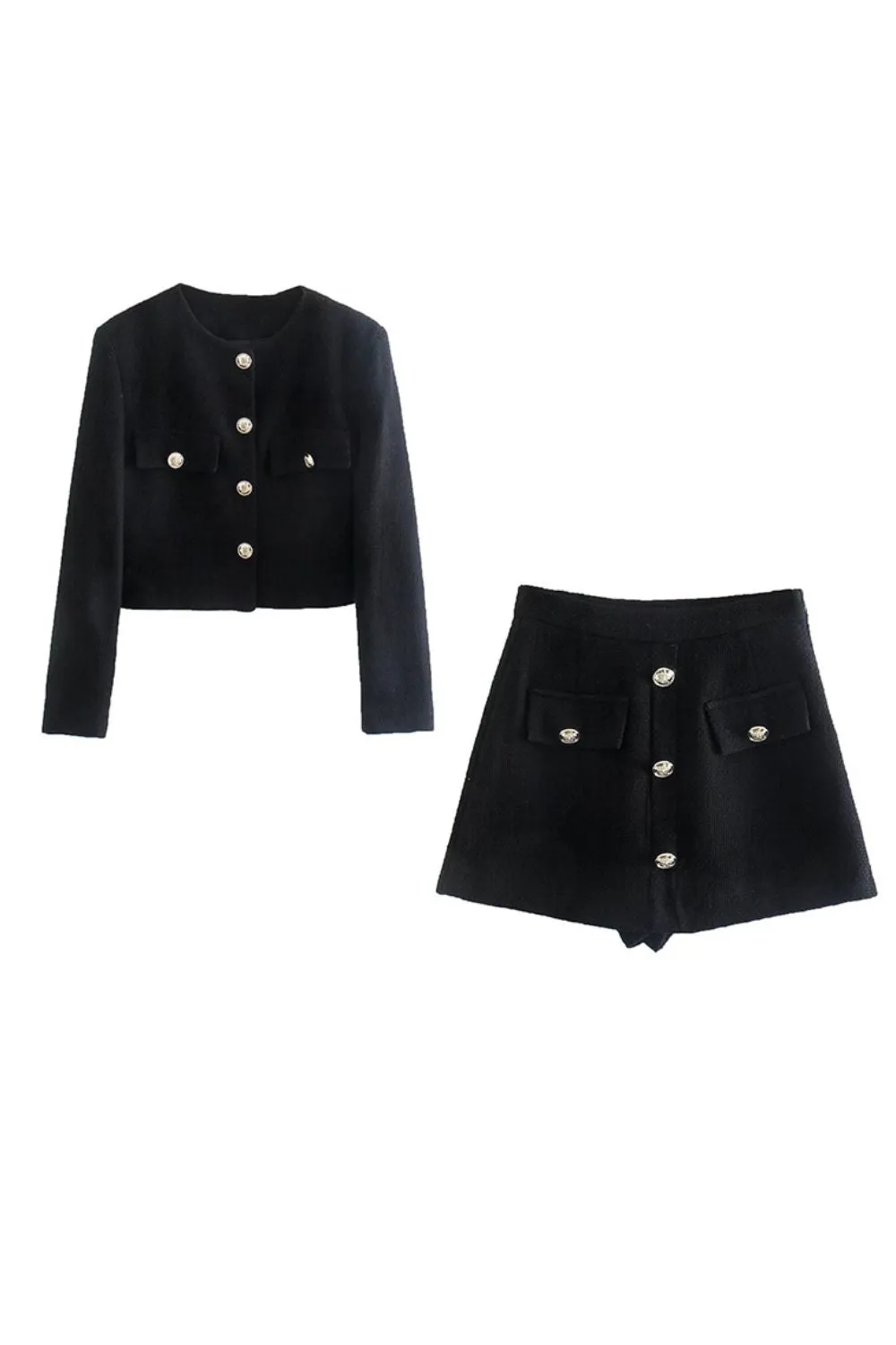 'Ellie' Gold-Buttoned Textured Blazer & Skirt Set