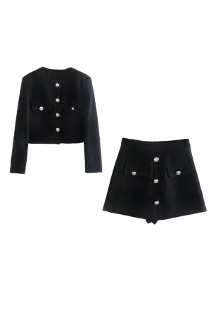 'Ellie' Gold-Buttoned Textured Blazer & Skirt Set