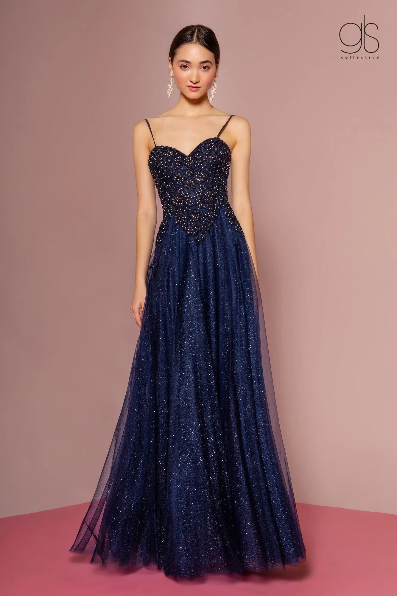 Embroidered Bodice Glitter A-line Gown by Elizabeth K GL2694
