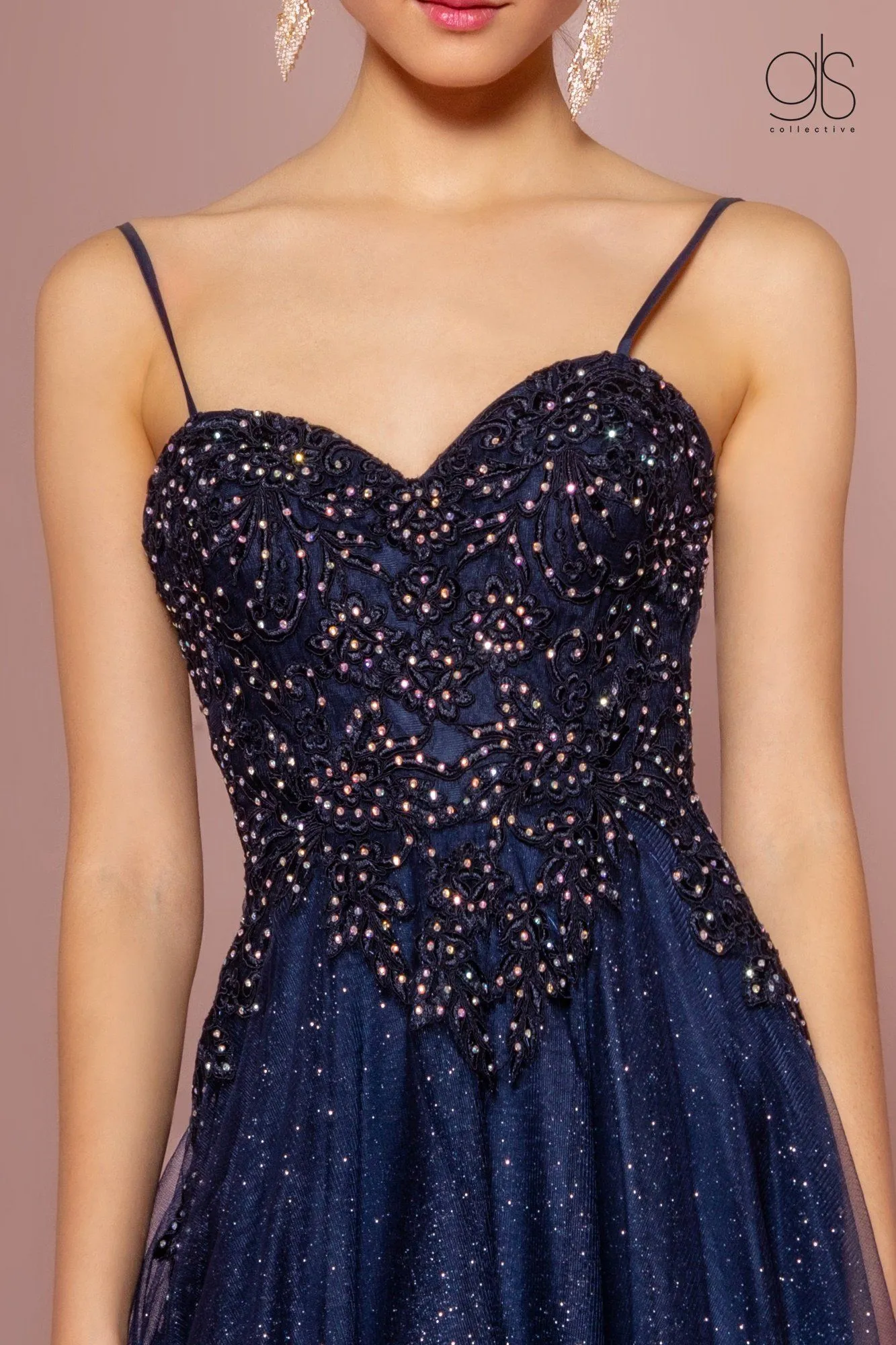 Embroidered Bodice Glitter A-line Gown by Elizabeth K GL2694