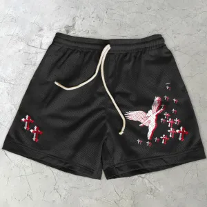 Faith Cross Angel Print Mesh Shorts