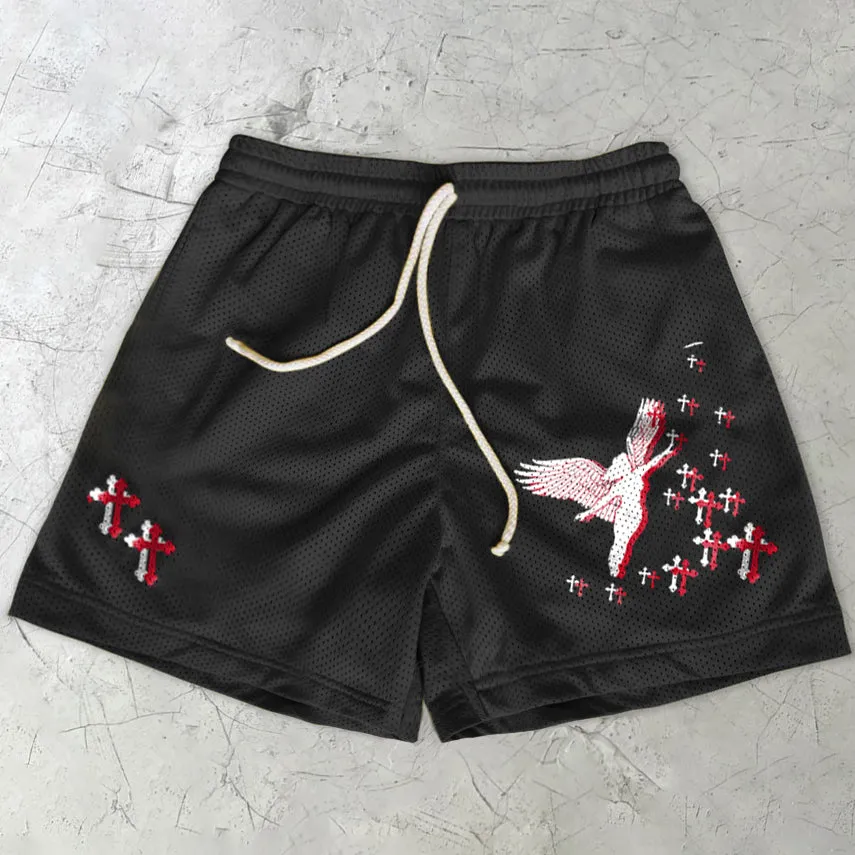 Faith Cross Angel Print Mesh Shorts