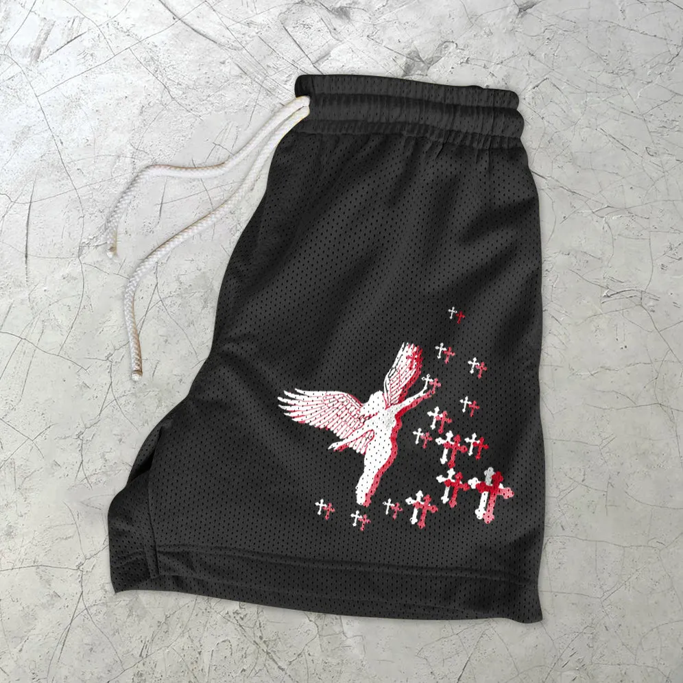 Faith Cross Angel Print Mesh Shorts