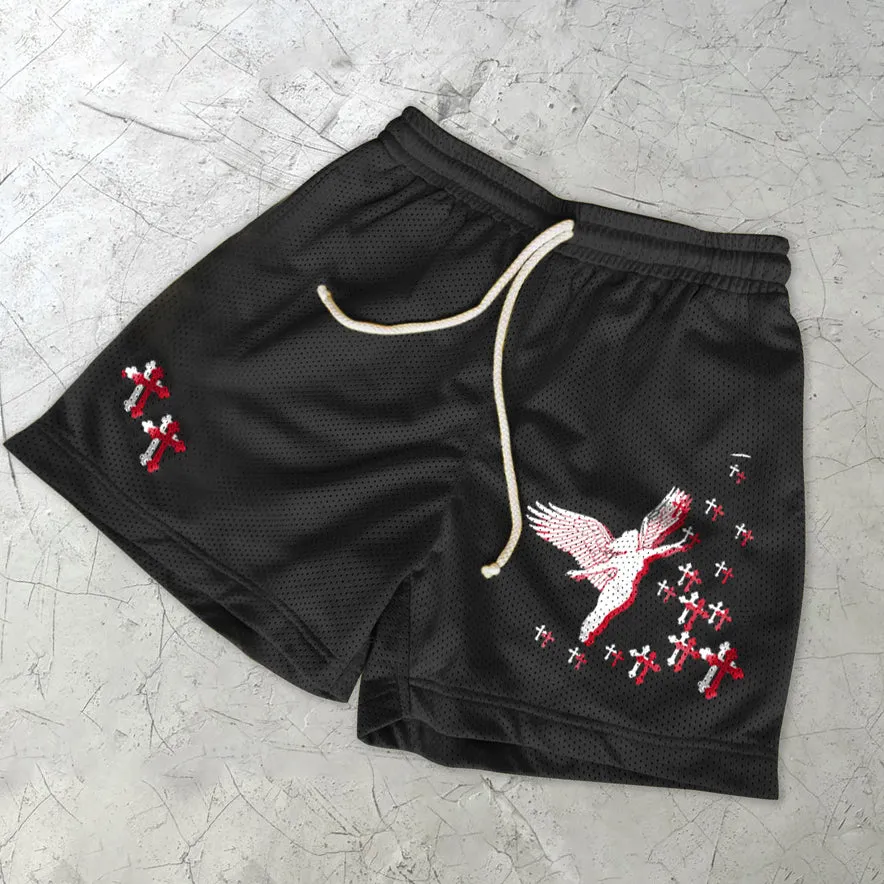 Faith Cross Angel Print Mesh Shorts