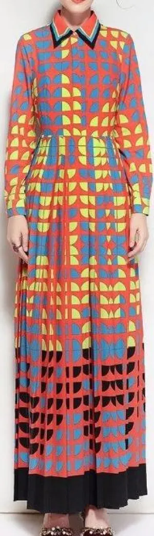 Geometric Print Long-Sleeve Maxi Dress