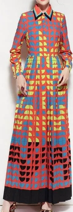 Geometric Print Long-Sleeve Maxi Dress