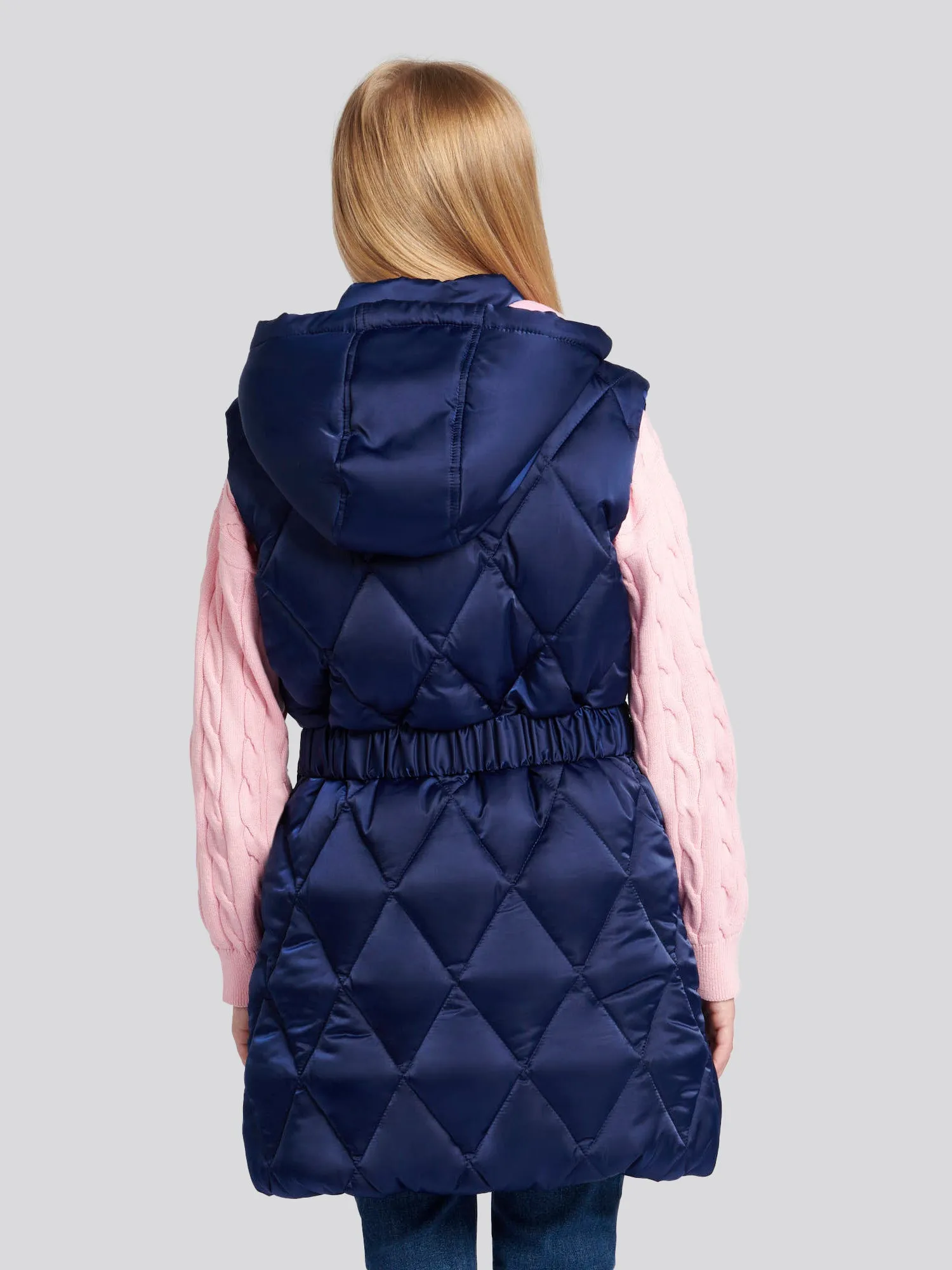 Girls Longline Puffer Gilet in Medieval Blue