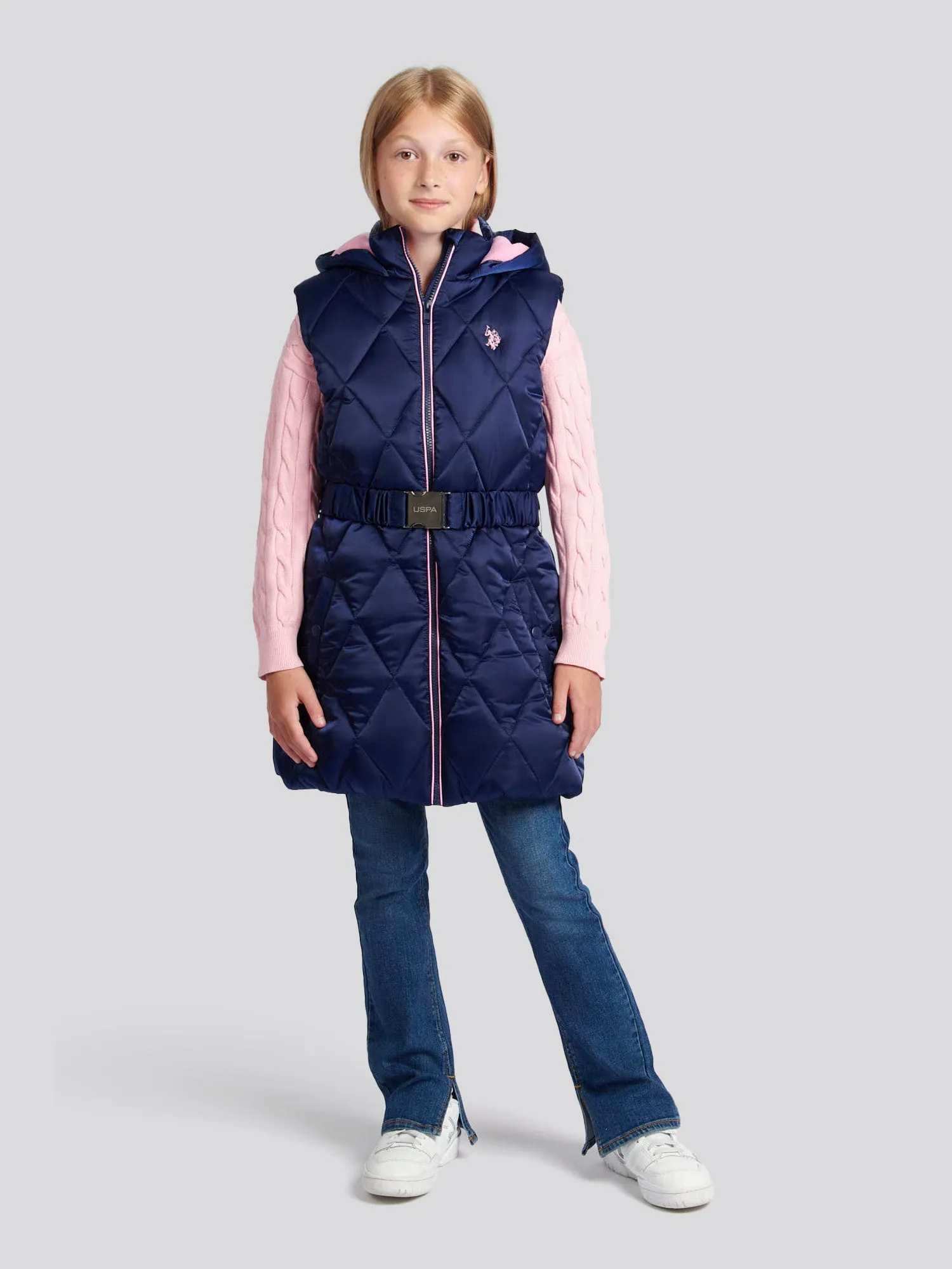 Girls Longline Puffer Gilet in Medieval Blue