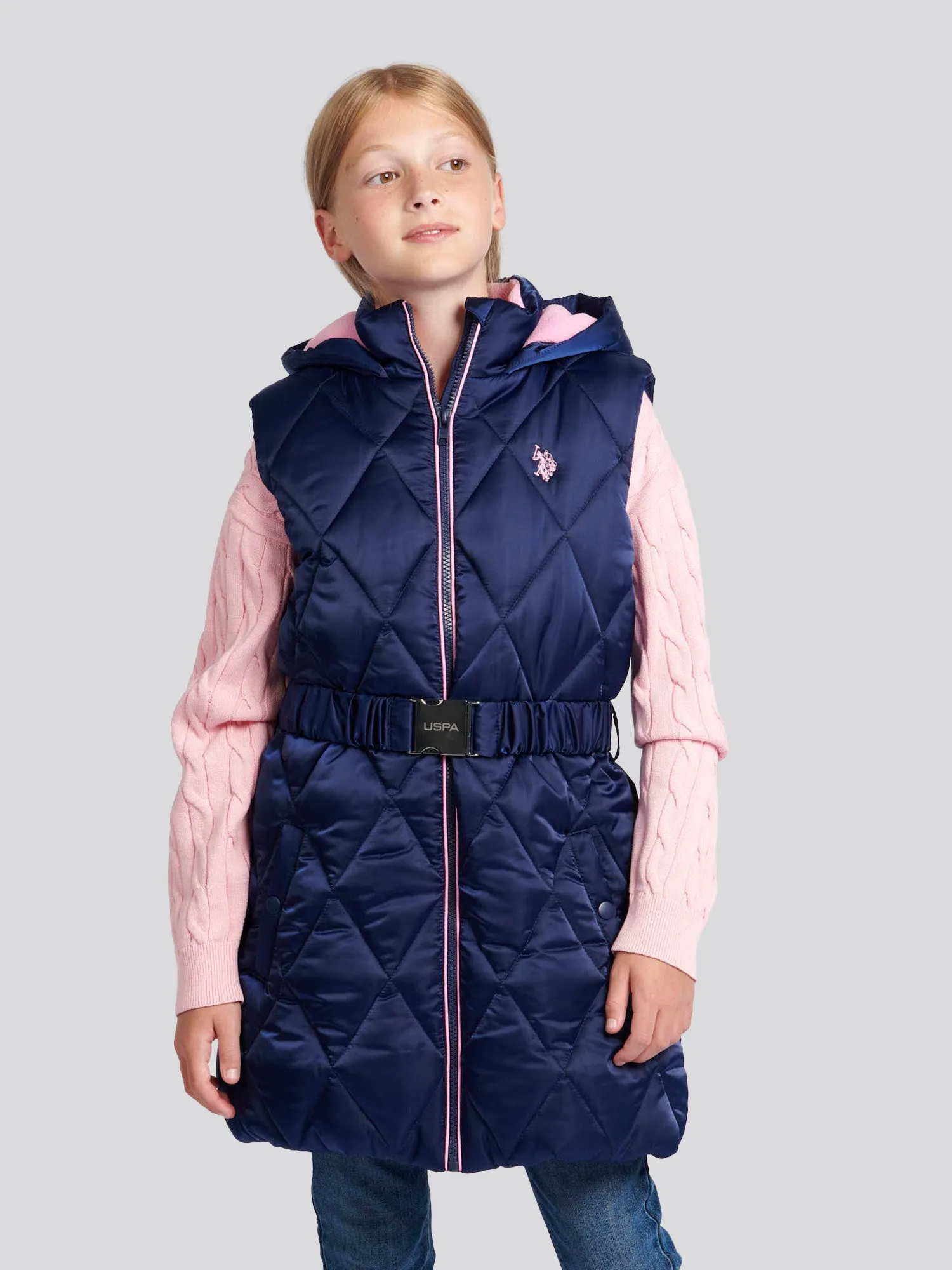 Girls Longline Puffer Gilet in Medieval Blue