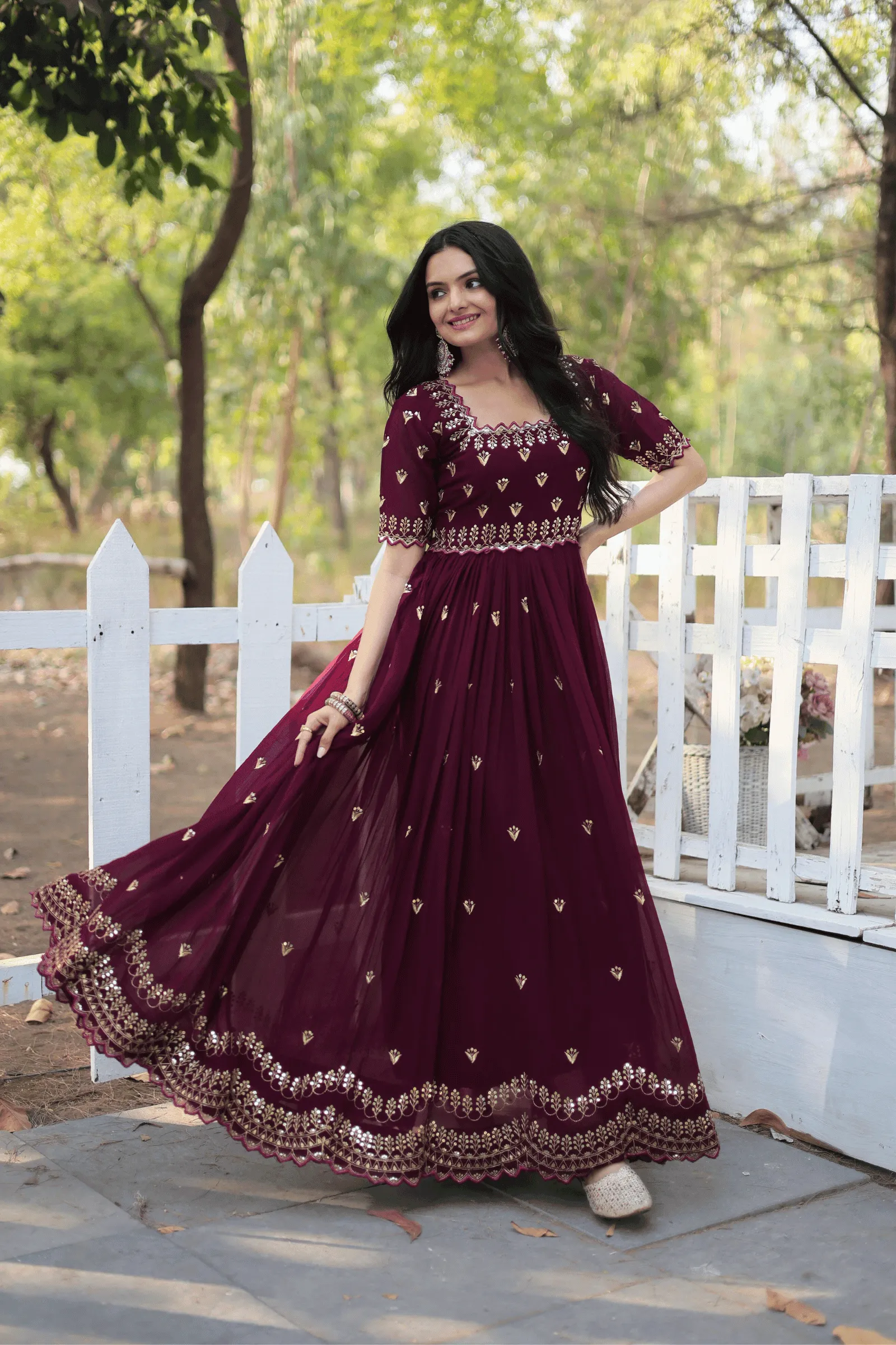 Glamwiz Deep Maroon Sequins Anarkali Gown