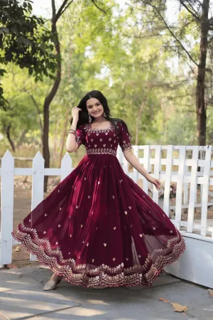 Glamwiz Deep Maroon Sequins Anarkali Gown