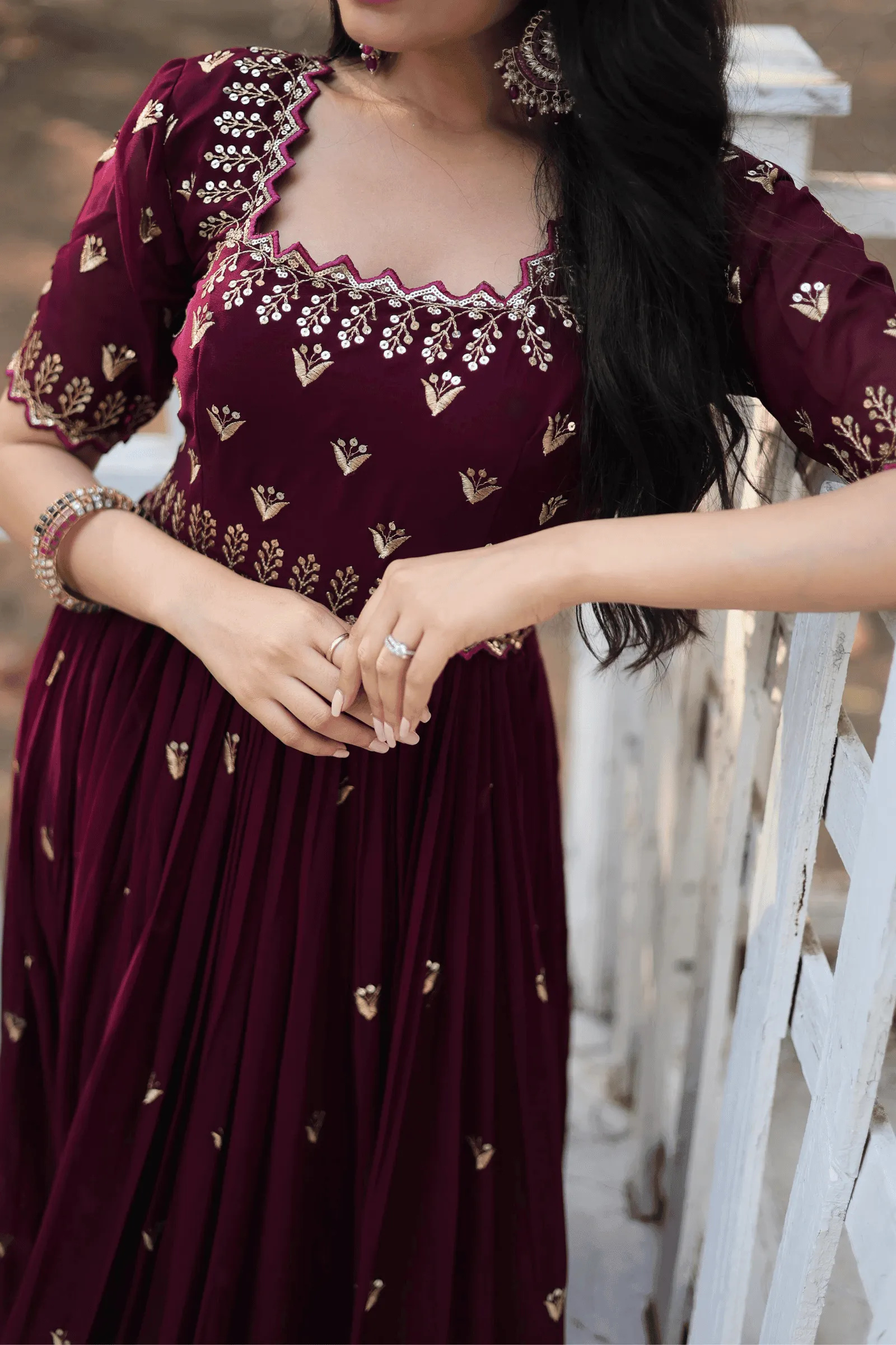 Glamwiz Deep Maroon Sequins Anarkali Gown