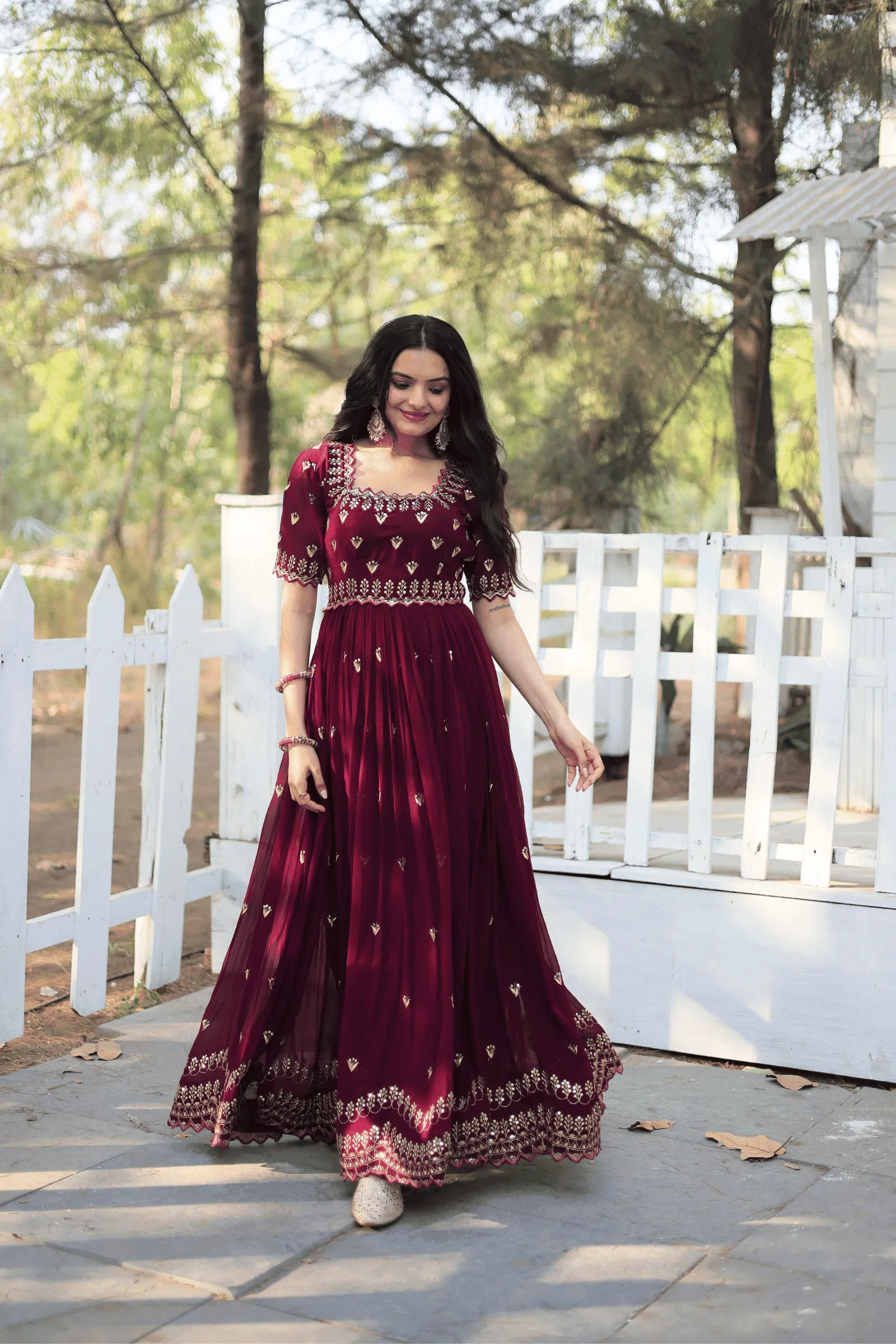 Glamwiz Deep Maroon Sequins Anarkali Gown