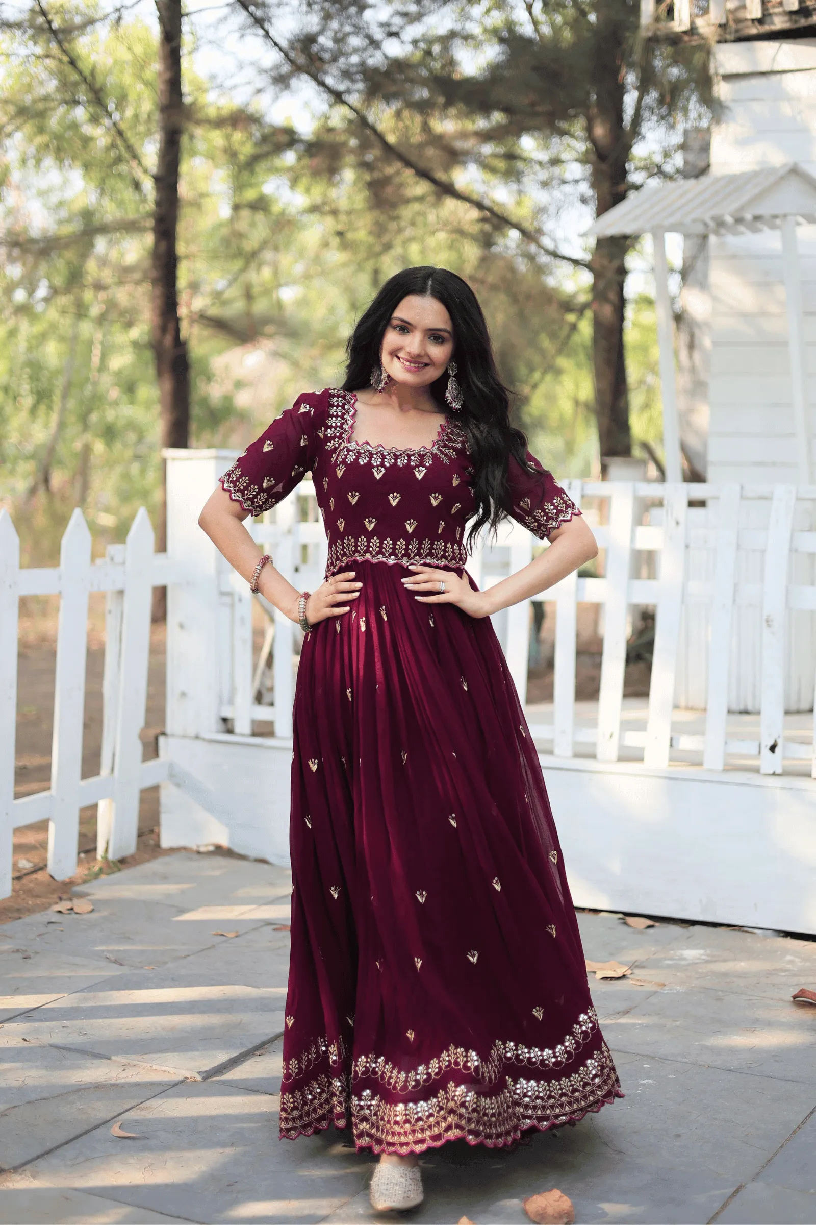 Glamwiz Deep Maroon Sequins Anarkali Gown