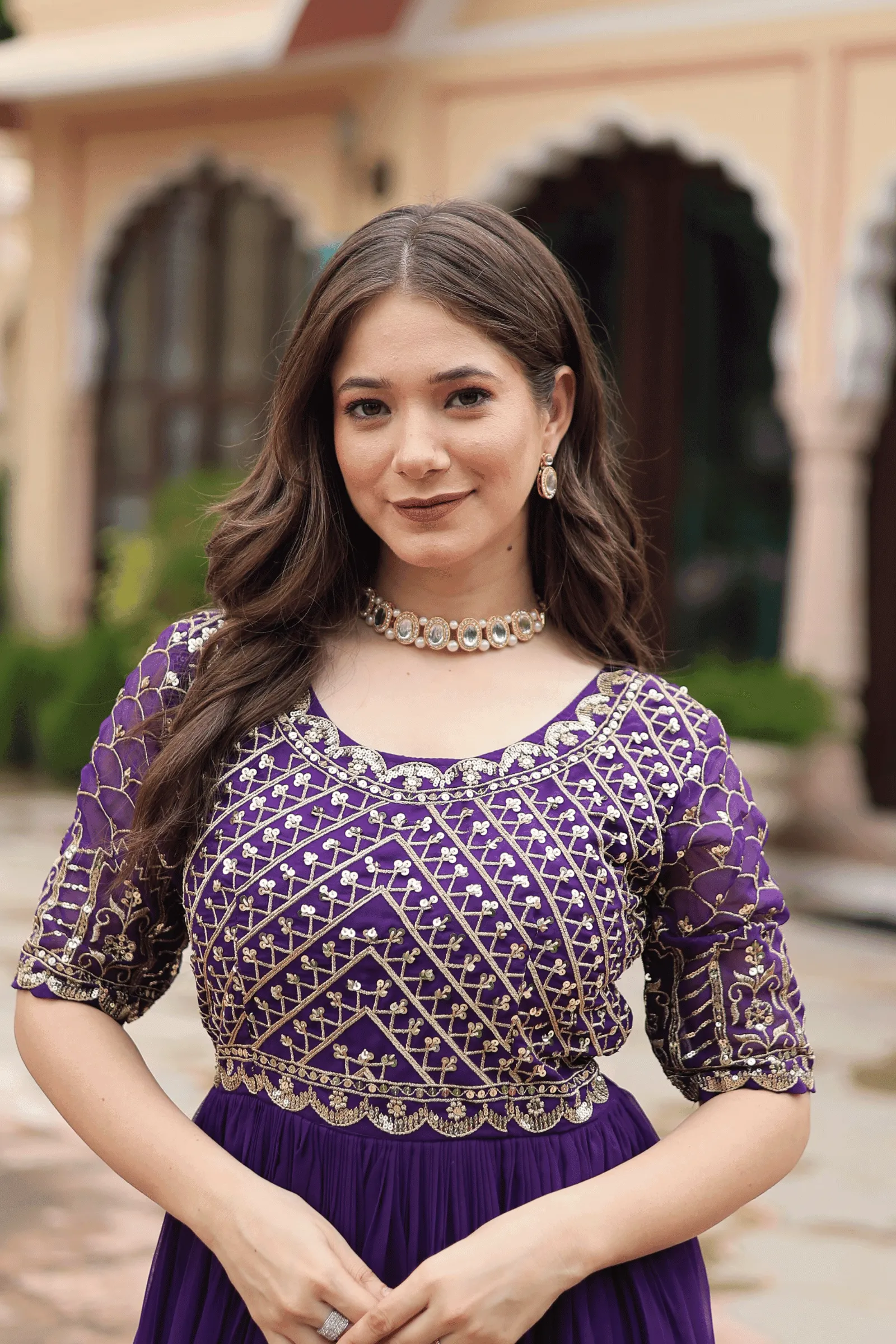 Glamwiz Gold Sequins Embellished Anarkali Gown