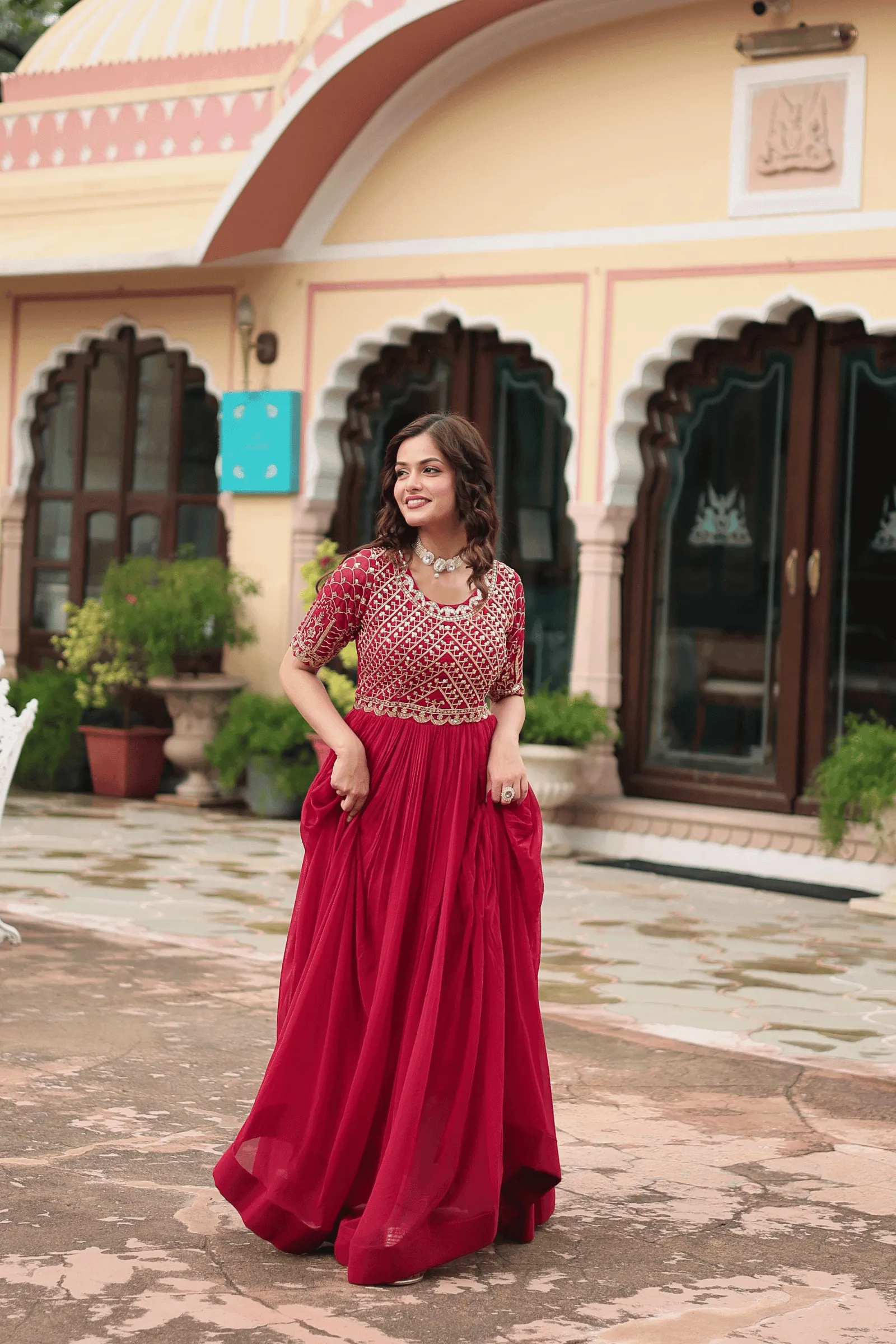 Glamwiz Gold Sequins Embellished Anarkali Gown