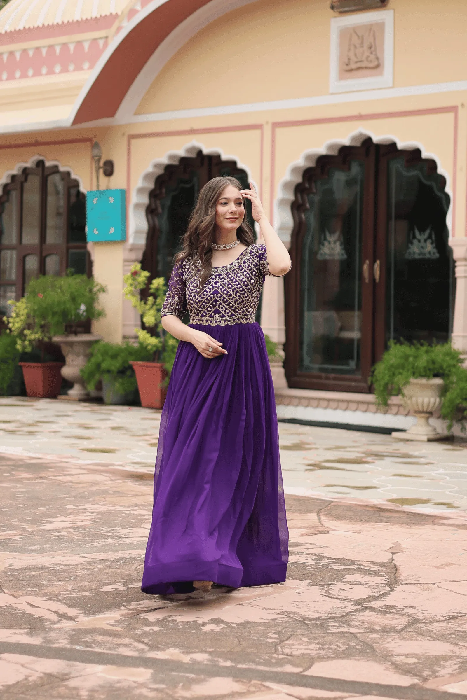 Glamwiz Gold Sequins Embellished Anarkali Gown
