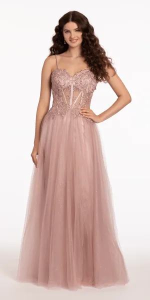 Glitter Tulle Lace Up Back Embroidered A Line Dress