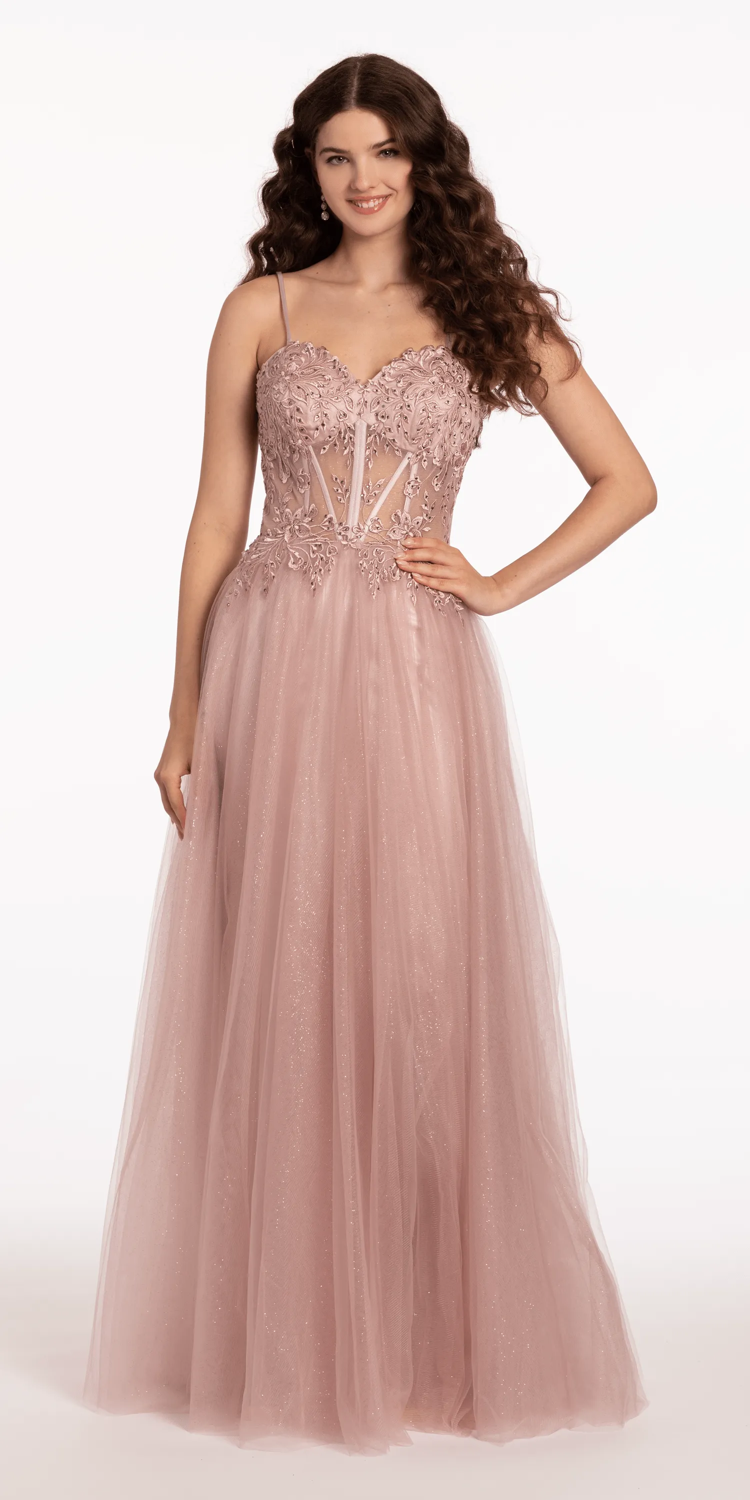 Glitter Tulle Lace Up Back Embroidered A Line Dress