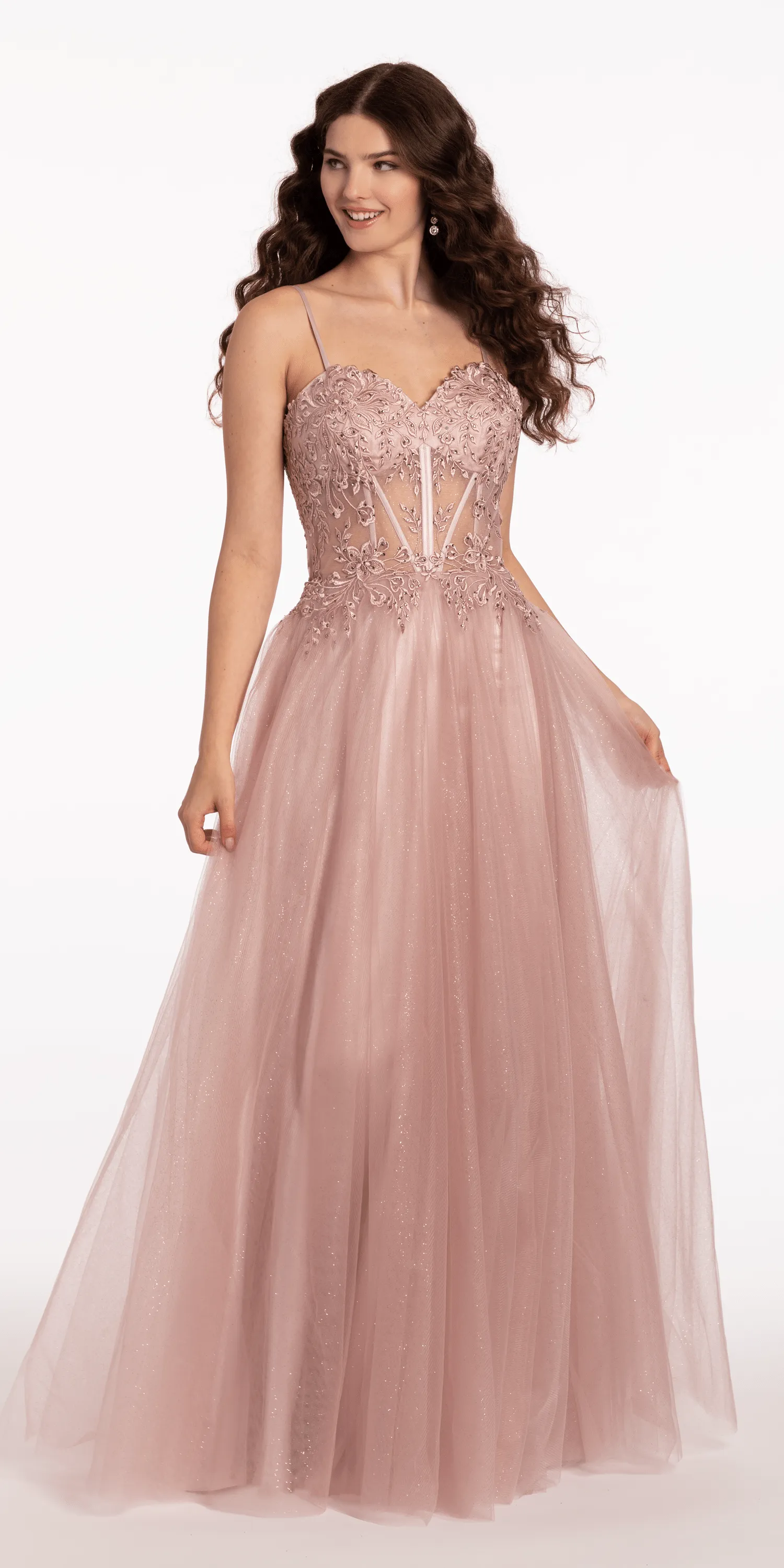 Glitter Tulle Lace Up Back Embroidered A Line Dress