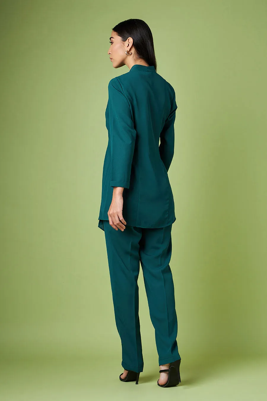 Green Pleated Top & Pant With Embellished Belt
