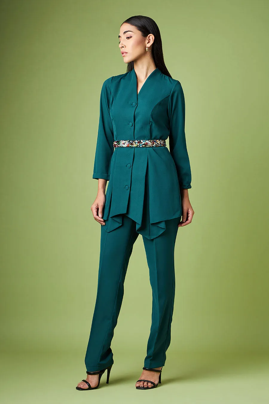 Green Pleated Top & Pant With Embellished Belt