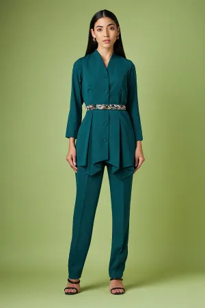 Green Pleated Top & Pant With Embellished Belt