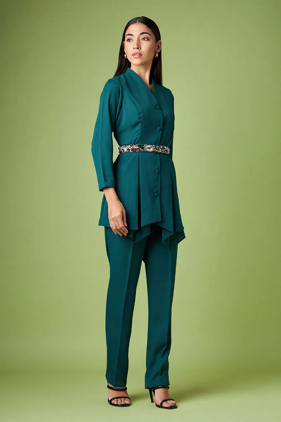Green Pleated Top & Pant With Embellished Belt