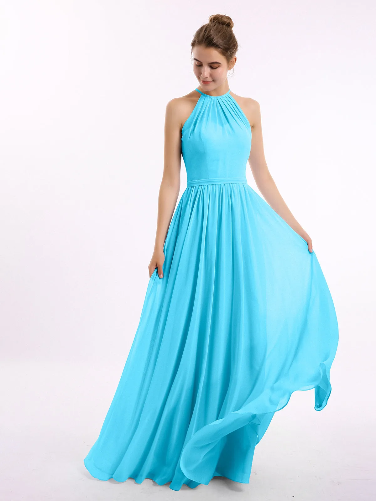 Halter Long Chiffon Gowns with Double Straps-Pool