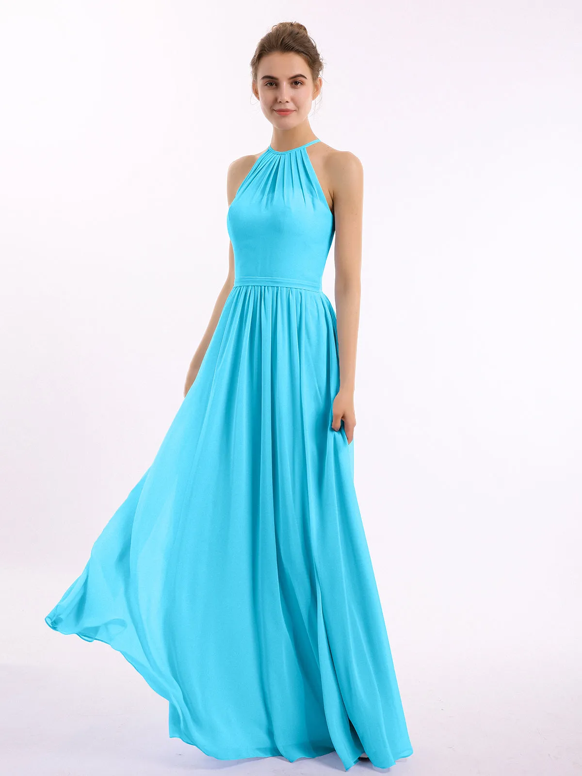 Halter Long Chiffon Gowns with Double Straps-Pool