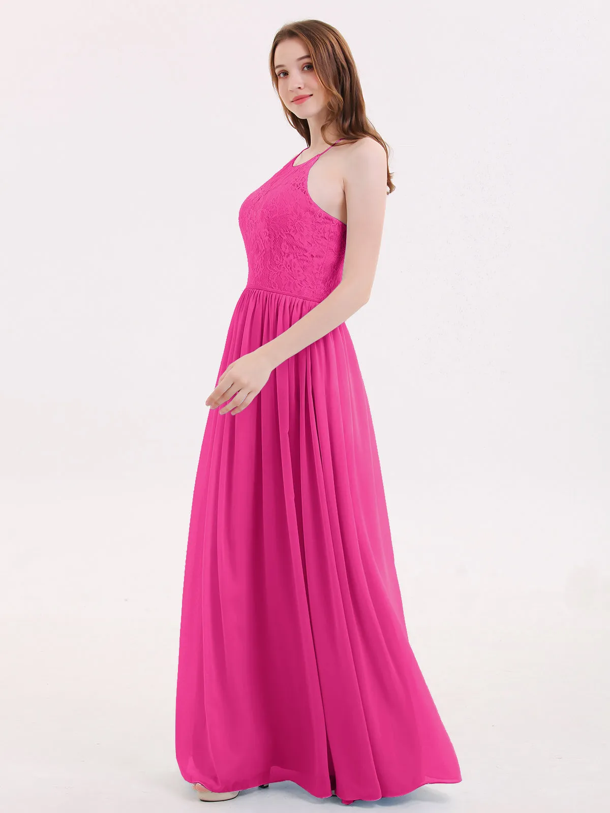 Illusion Neck Lace and Chiffon Maxi Gowns-Fuchsia