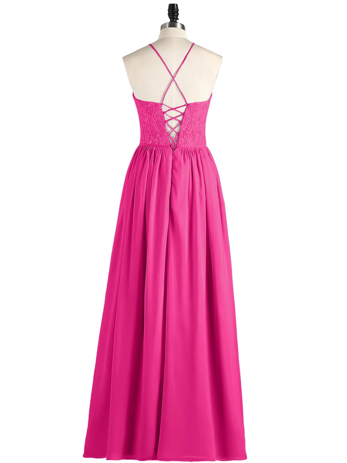 Illusion Neck Lace and Chiffon Maxi Gowns-Fuchsia