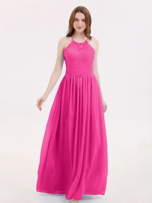 Illusion Neck Lace and Chiffon Maxi Gowns-Fuchsia