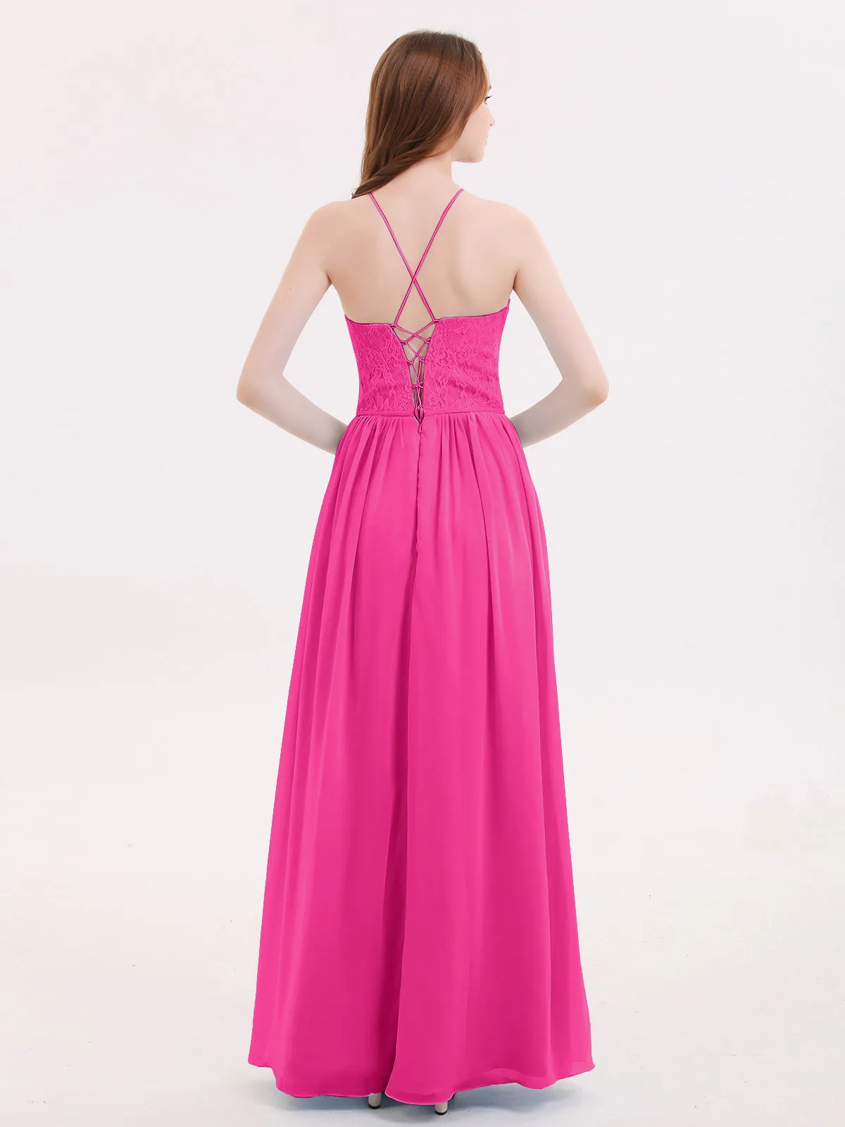 Illusion Neck Lace and Chiffon Maxi Gowns-Fuchsia