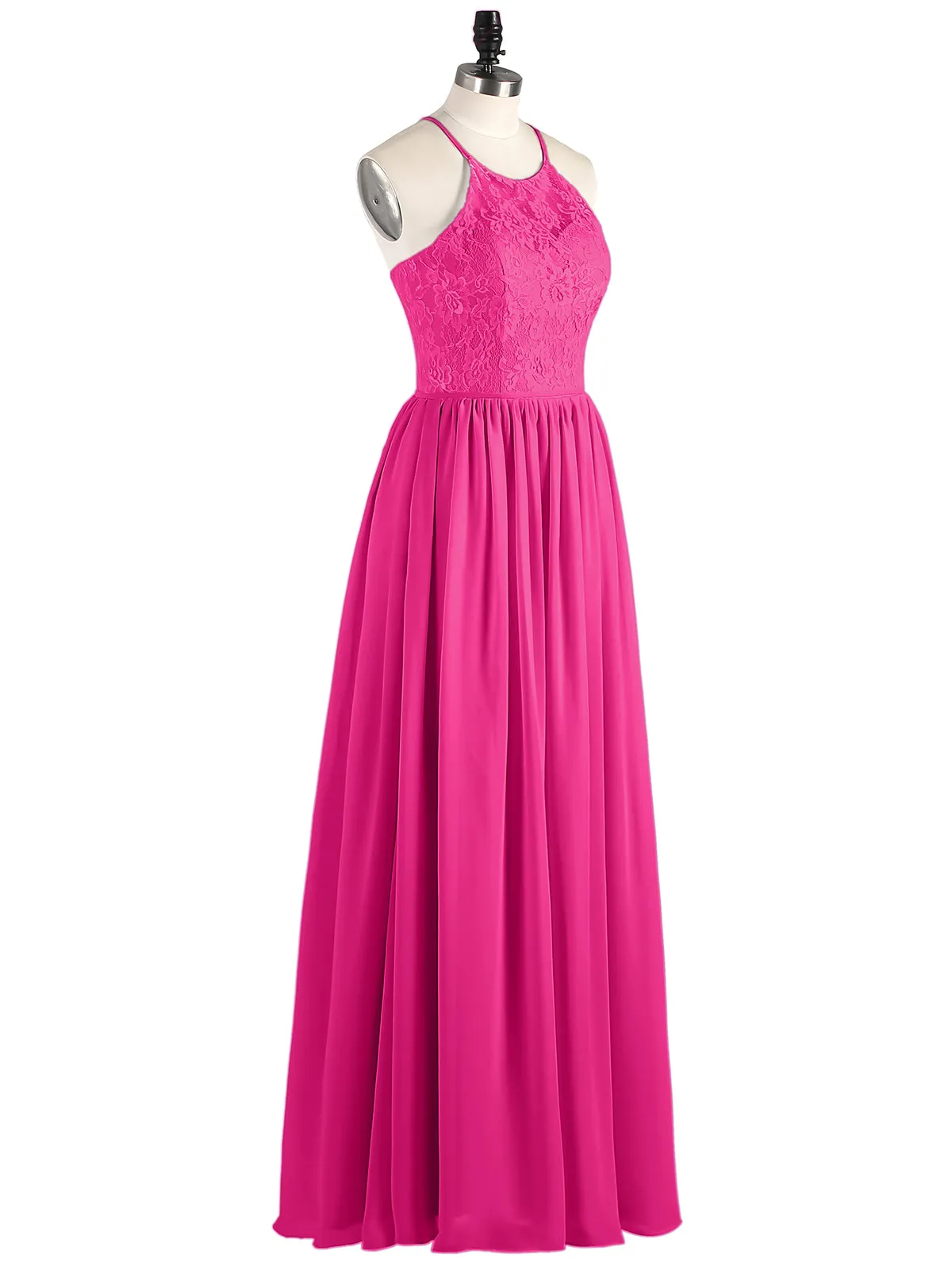 Illusion Neck Lace and Chiffon Maxi Gowns-Fuchsia