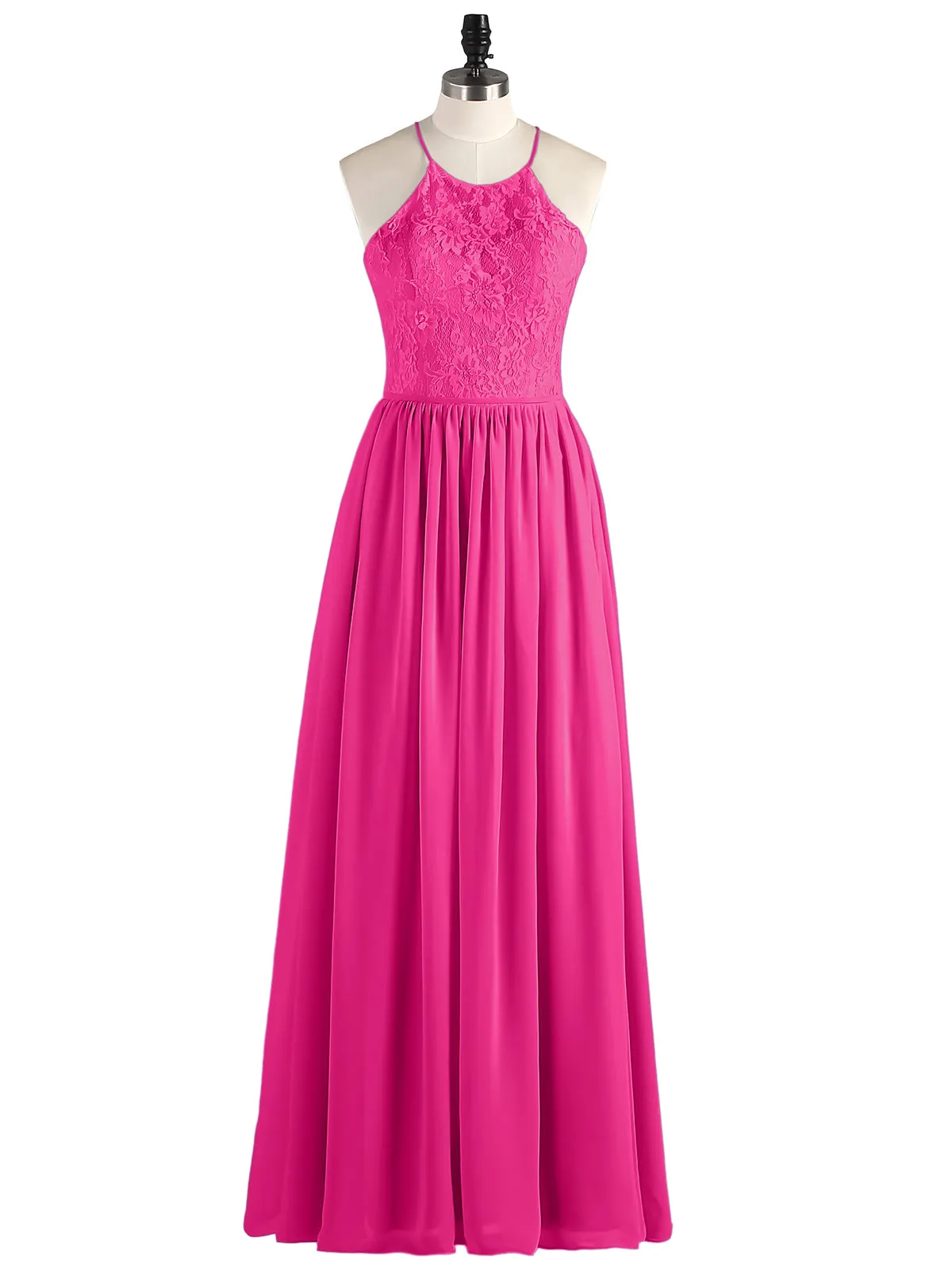 Illusion Neck Lace and Chiffon Maxi Gowns-Fuchsia