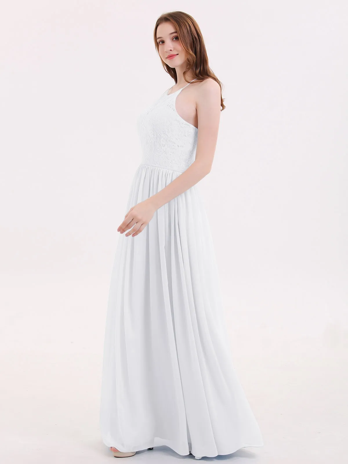 Illusion Neck Lace and Chiffon Maxi Gowns-White