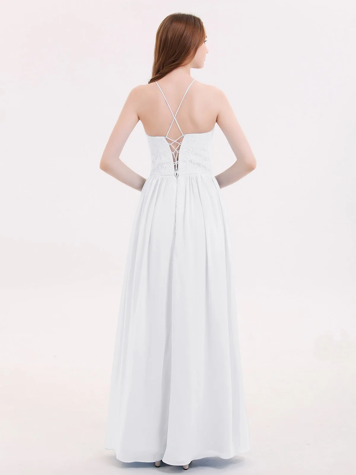 Illusion Neck Lace and Chiffon Maxi Gowns-White